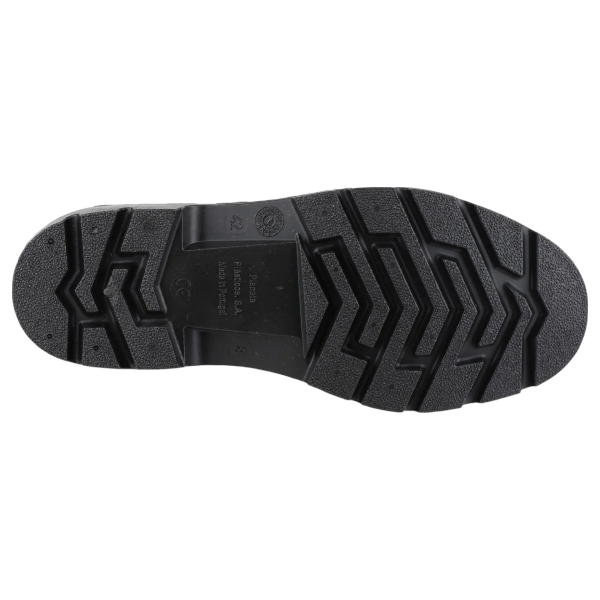 Close-up of men's Dunlop wellington boot sole – heavy-duty anti-slip tread for grip on wet or muddy surfaces